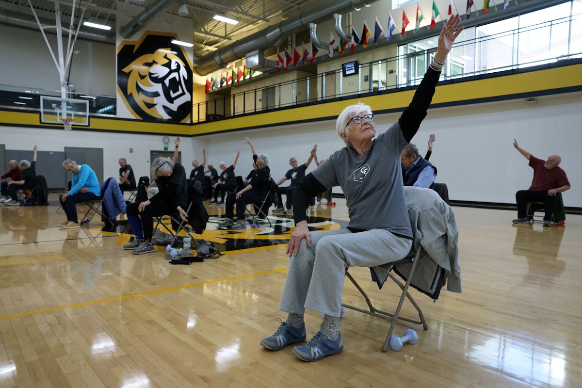 Mariana McJimsey exercises on Feb. 10 during a "Fit 4 Life" class at the fitness center. Fit 4 Life is offered to CC retirees and their significant others on Mondays, Wednesdays and Fridays at 11AM, with a class time of around 45 minutes. Photo by Jamie Cotten / Colorado College