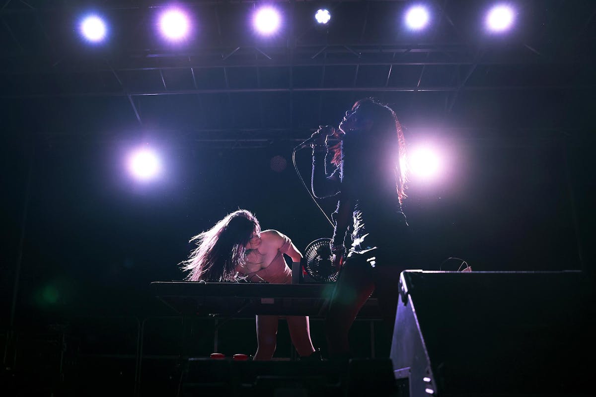 "MGNA crrrta" - an EDM, metal, goth-ish type duo - drew a large crowd at Llamapalooza. Photo by Jamie Cotten / Colorado College