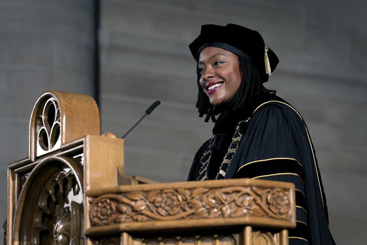 Pres. Dr. Manya Whitaker welcomes incoming students on August 25 during Opening Convocation at Shove Chapel. Photo by Jamie Cotten / Colorado College