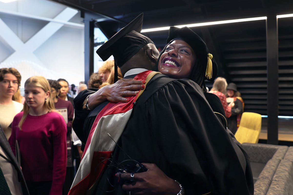 Pres. Dr. Manya Whitaker celebrates on Nov. 8 at Robson Arena during her inauguration. Photo by Jamie Cotten / Colorado College