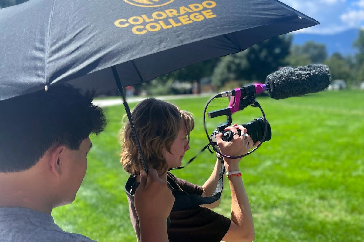 Russel Magadael ’28 and Becca Cassidy ’29 at work on a project in CC100: Film Manifestos and Filmmaking. Photo by Associate Professor and Chair for Film & Media Studies, Dylan Nelson