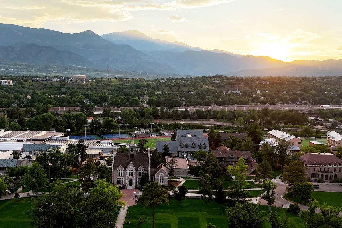 Campus on August 8 at sunset with beloved CC drone, “Minnie Mouse.” Photo by MM, Alyssa Tews and Jamie Cotten / Colorado College