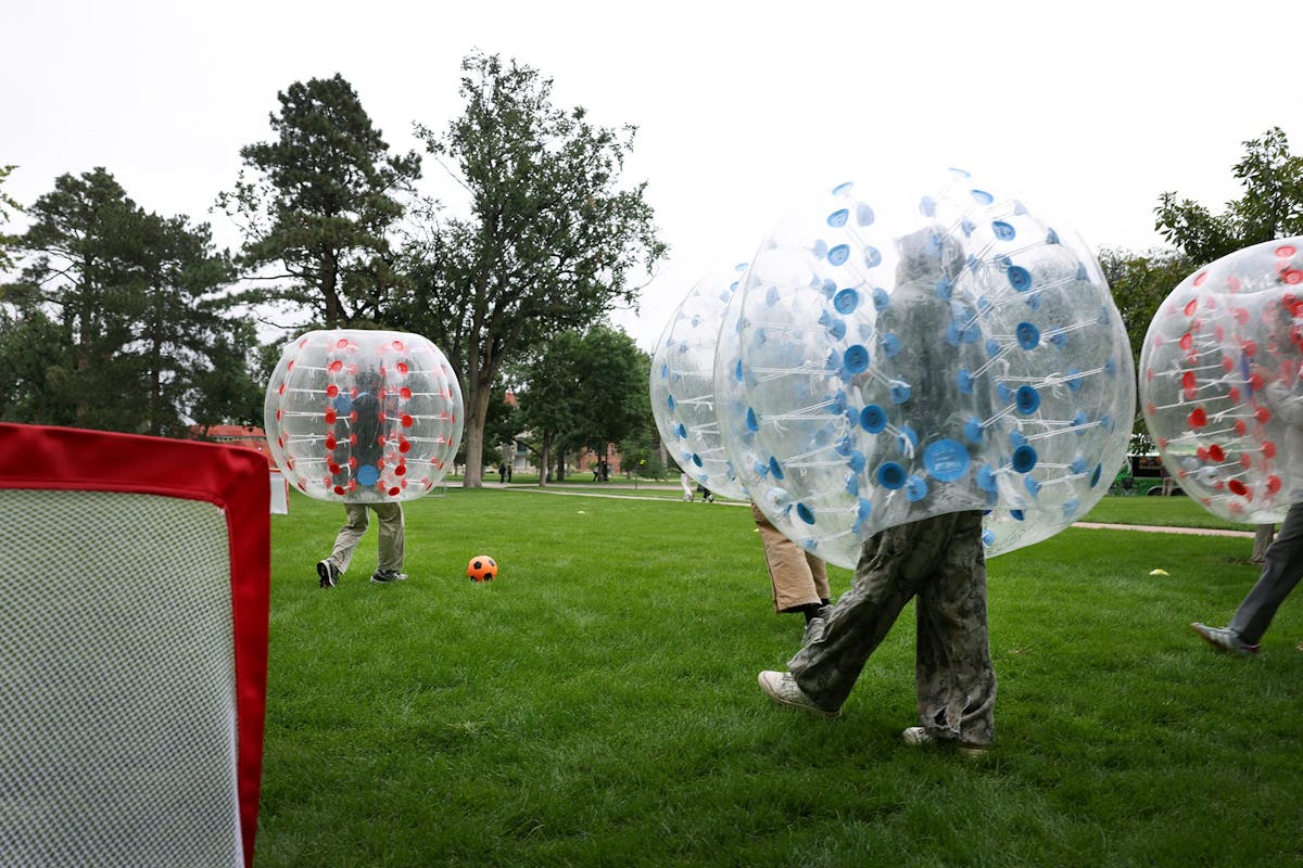 Students playing hamster soccer on Worner Quad at the Second Annual Campus Sleep-Out on Friday, Sep. 5. Photo by Jamie Cotten