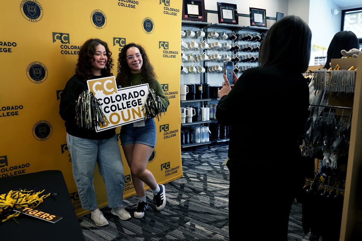 Cherish Galliart, left, KS, and Jasmine Carranza, NE, both incoming CC students, pose for a photo on April 11 at the CC Bookstore. Photo by Jamie Cotten / Colorado College