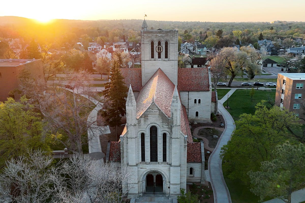 Drone photo of Shove Chapel at sunrise. Photos by Alyssa Tews (GIS Lab), 'Minnie Mouse' (drone) and Jamie Cotten.
