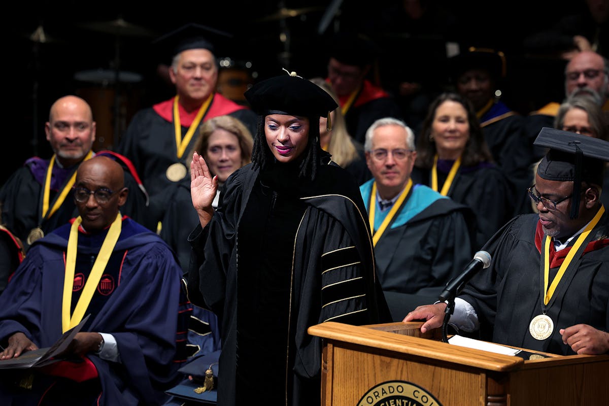 Pres. Dr. Manya Whitaker is sworn in as CC's 15th President on Nov. 8 at Celeste Theatre. Photo by Jamie Cotten / Colorado College