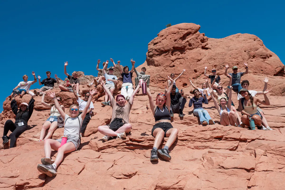 Students in CC's Summer Pre-College Program gather during a field trip to Garden of the Gods. Fifty-three high school students from across the country spent July experiencing the Block Plan through college-level classes, campus life, and excursions throughout Colorado Springs. Photo by Roese Ramp/Colorado College